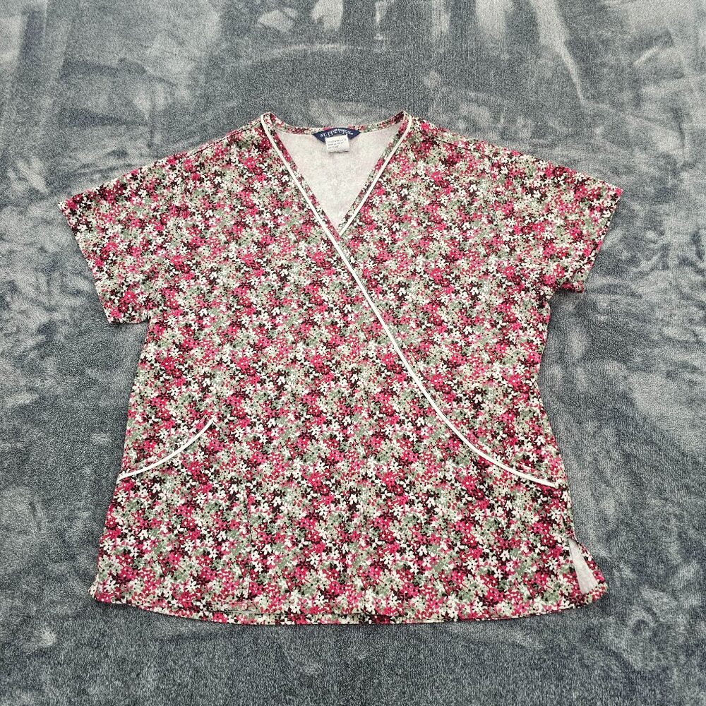 Nu Dimension Stretch Scrub Top Womens Large v neck  floral Medical uniform SS